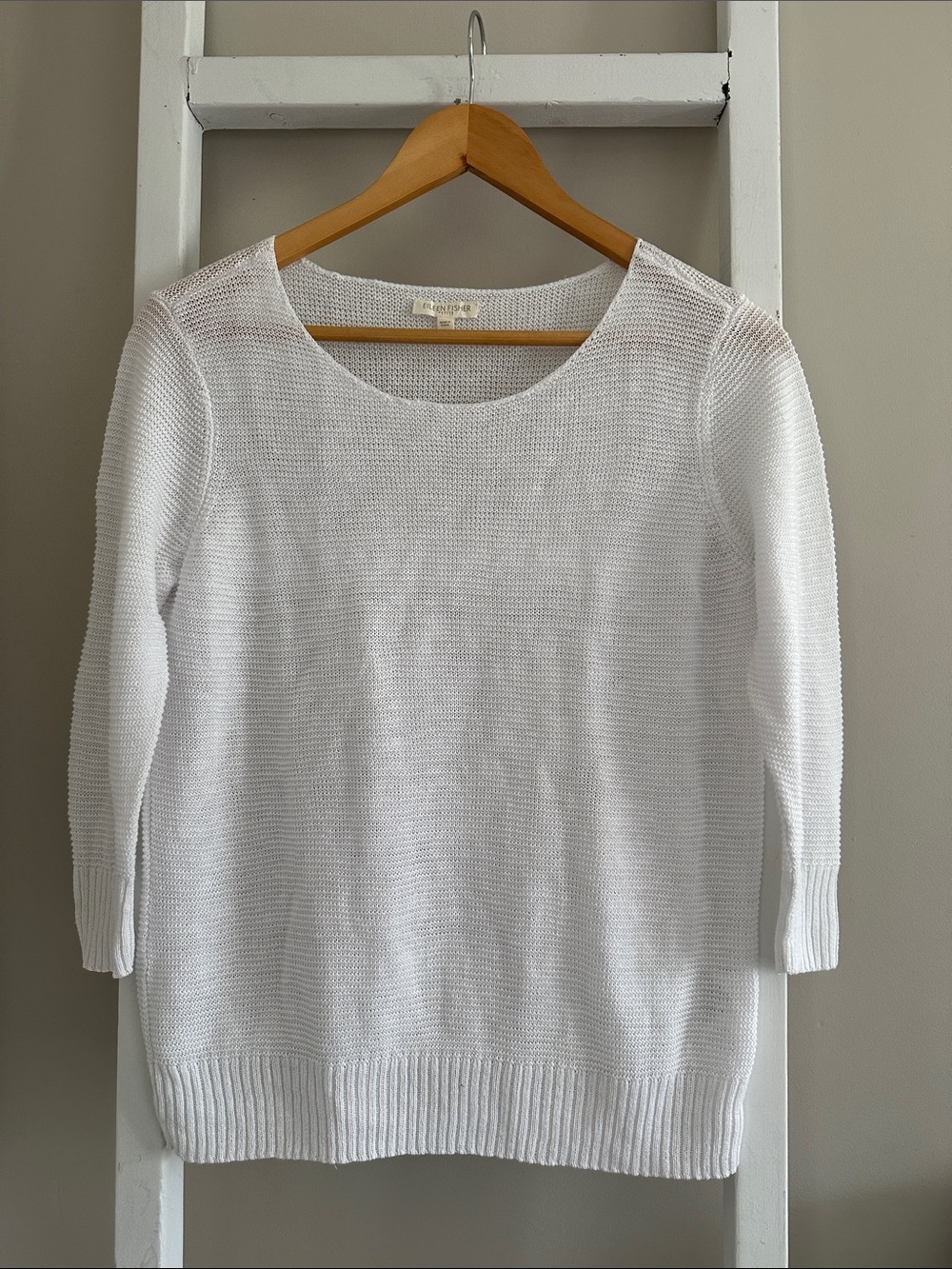 Eileen Fisher 100% Linen 3/4 Sleeve Net Weave Sweater